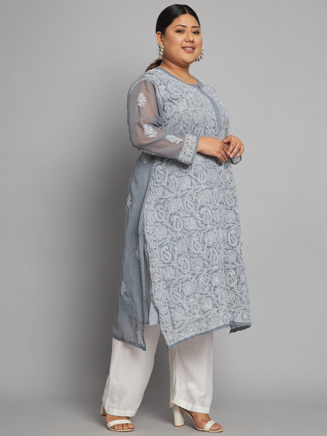 Lucknow Chikankari Hand Embroidered Long Kurta with matching slip, Plus Sizes