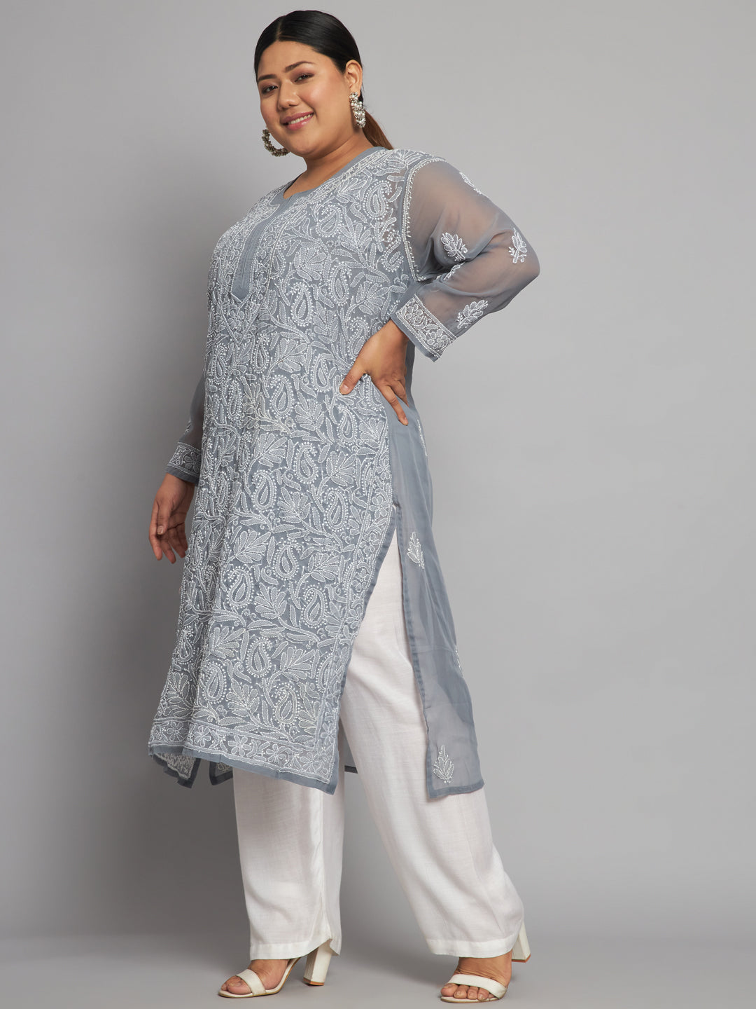 Lucknow Chikankari Hand Embroidered Long Kurta with matching slip, Plus Sizes