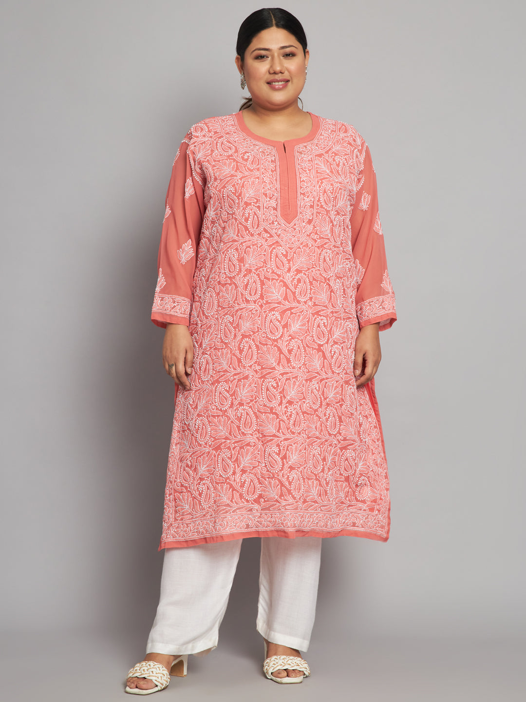 Lucknow Chikankari Hand Embroidered Long Kurta with matching slip, Plus Sizes