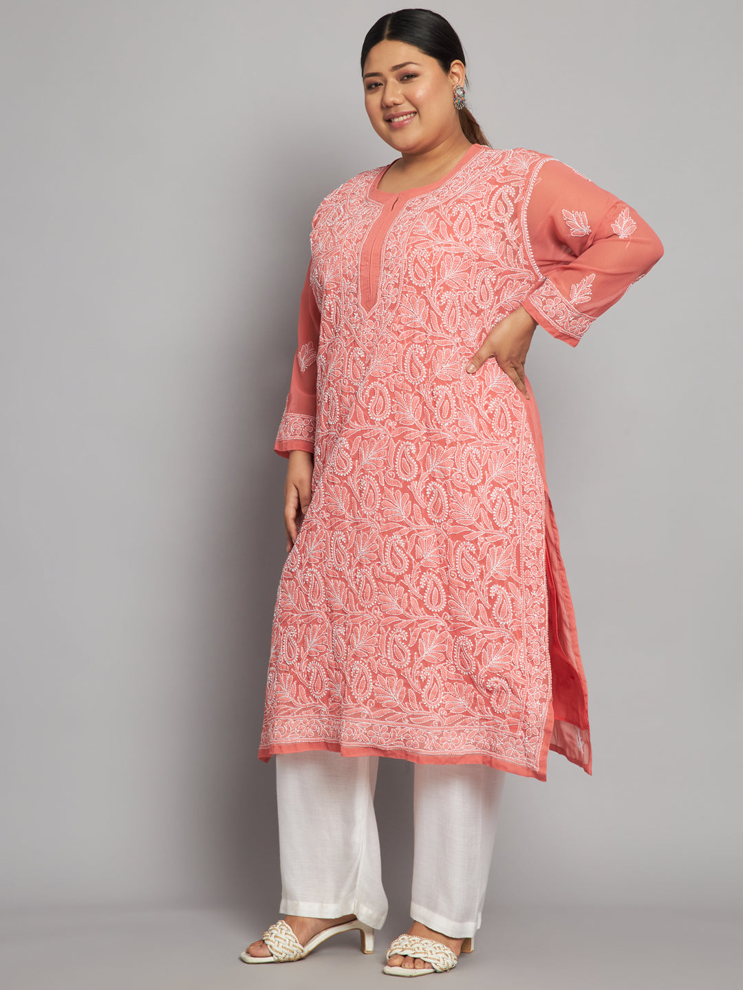 Lucknow Chikankari Hand Embroidered Long Kurta with matching slip, Plus Sizes