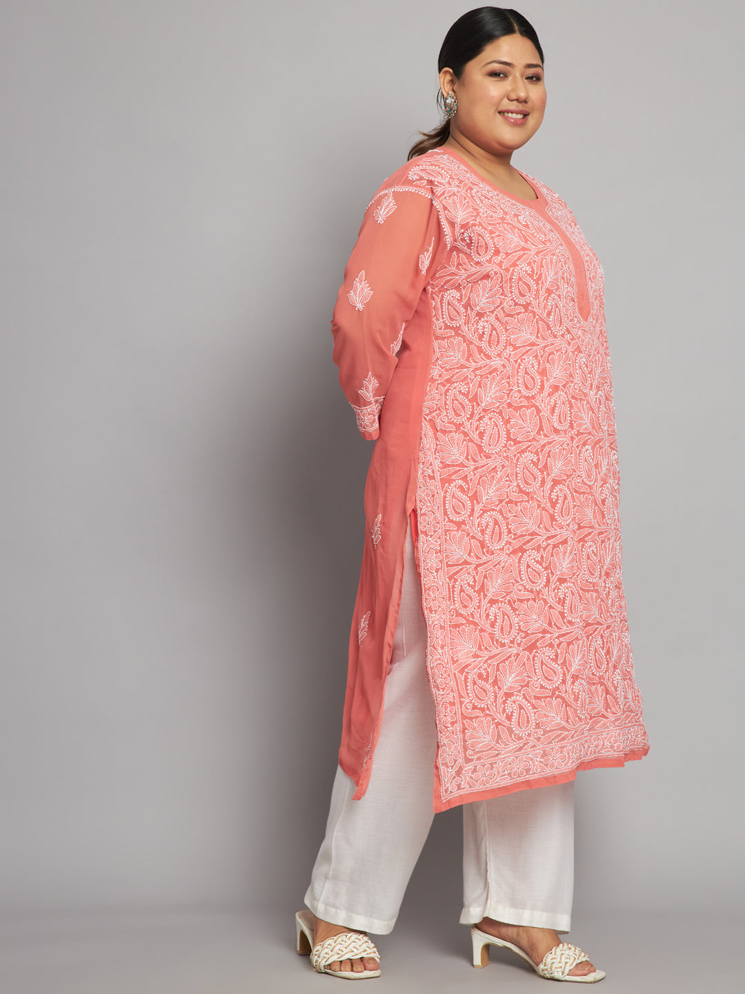 Lucknow Chikankari Hand Embroidered Long Kurta with matching slip, Plus Sizes