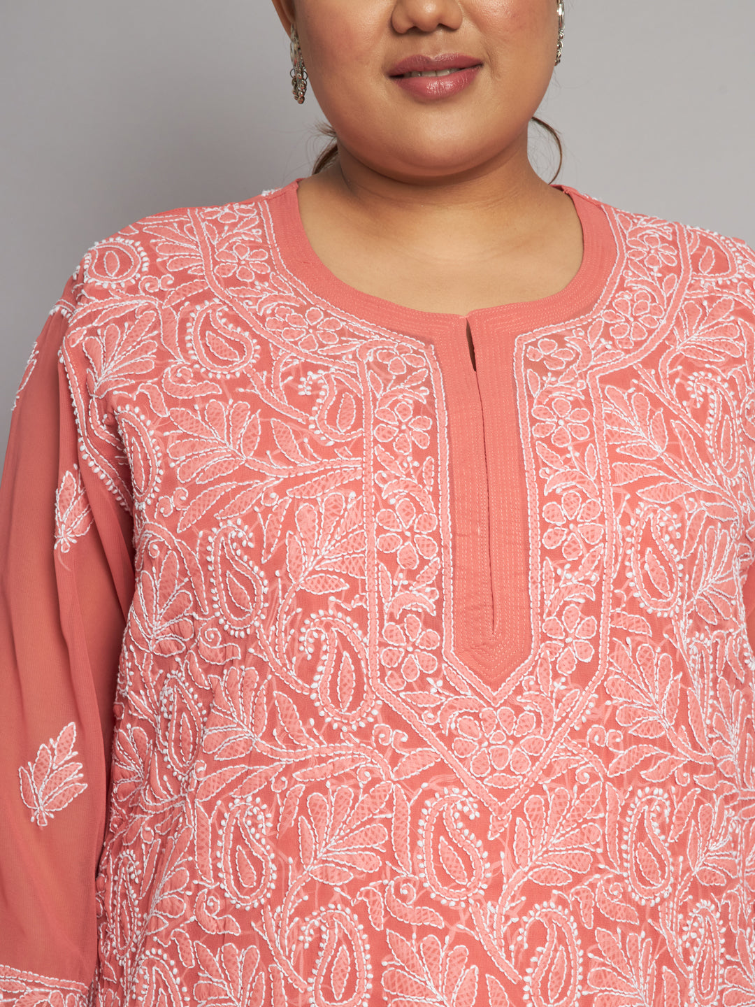 Lucknow Chikankari Hand Embroidered Long Kurta with matching slip, Plus Sizes