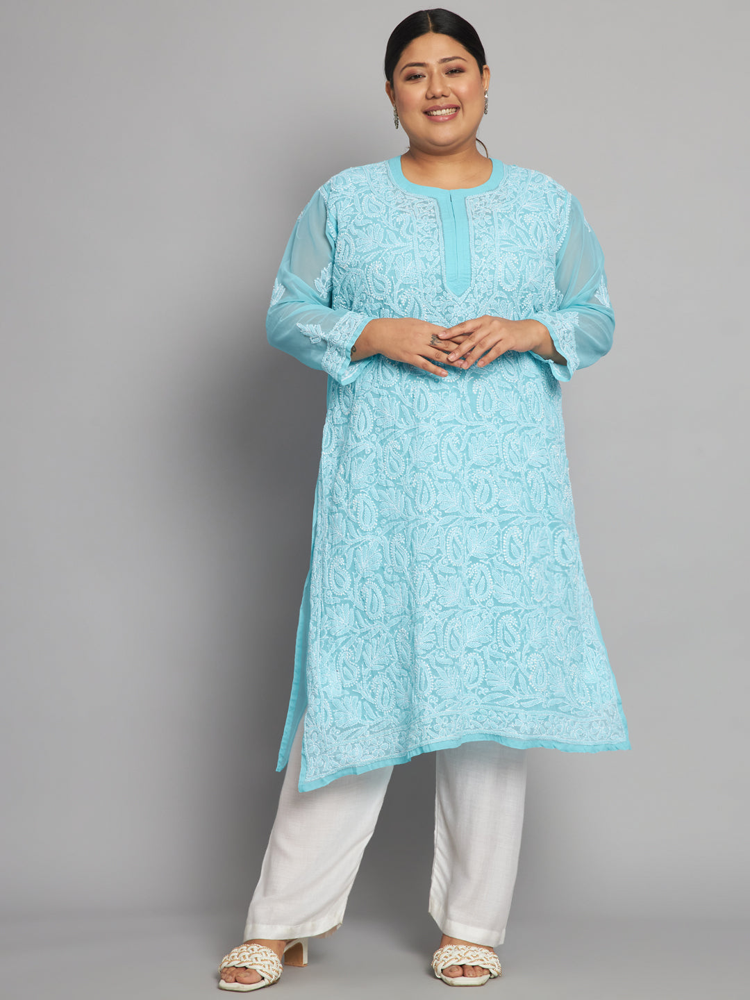 Lucknow Chikankari Hand Embroidered Long Kurta with matching slip, Plus Sizes