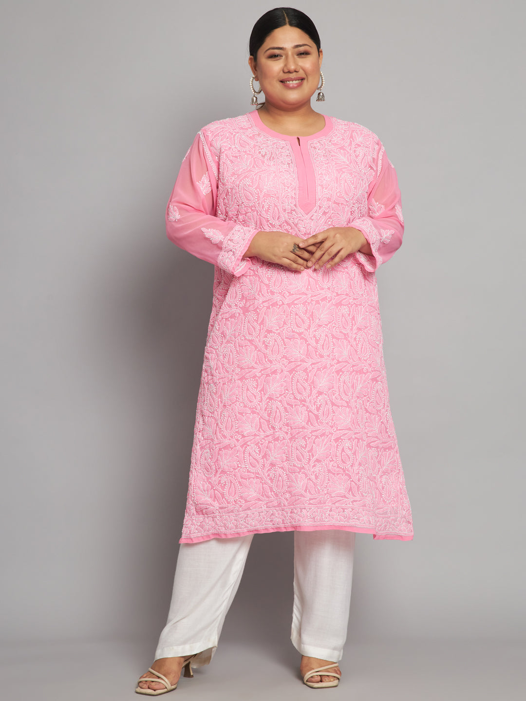 Lucknow Chikankari Hand Embroidered Long Kurta with matching slip, Plus Sizes