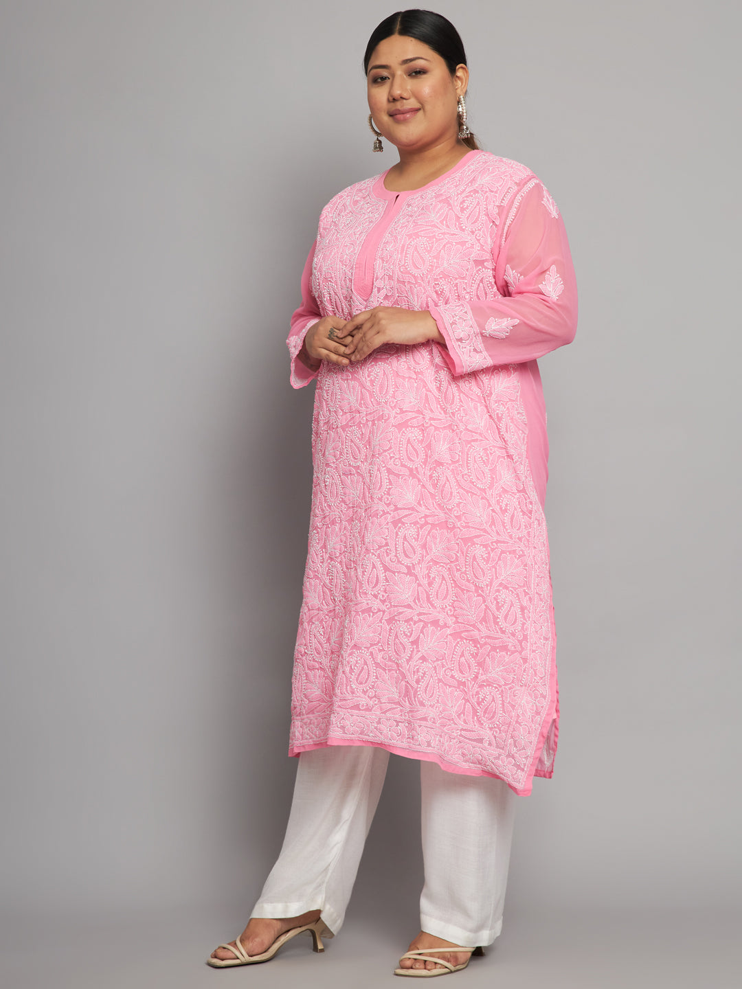 Lucknow Chikankari Hand Embroidered Long Kurta with matching slip, Plus Sizes