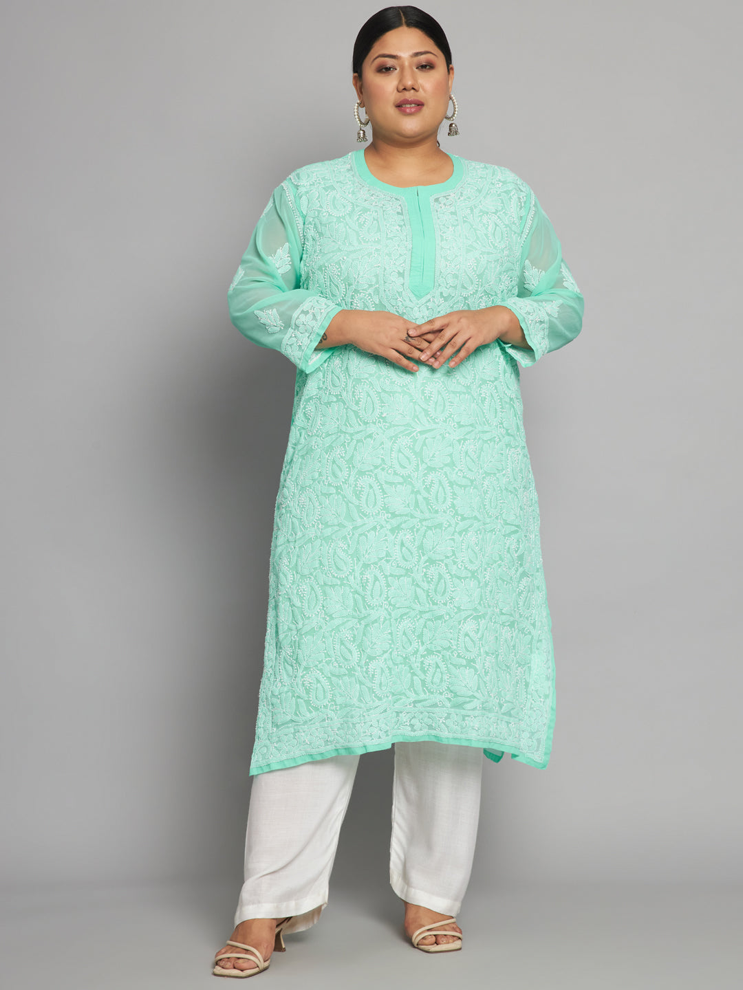 Lucknow Chikankari Hand Embroidered Long Kurta with matching slip, Plus Sizes