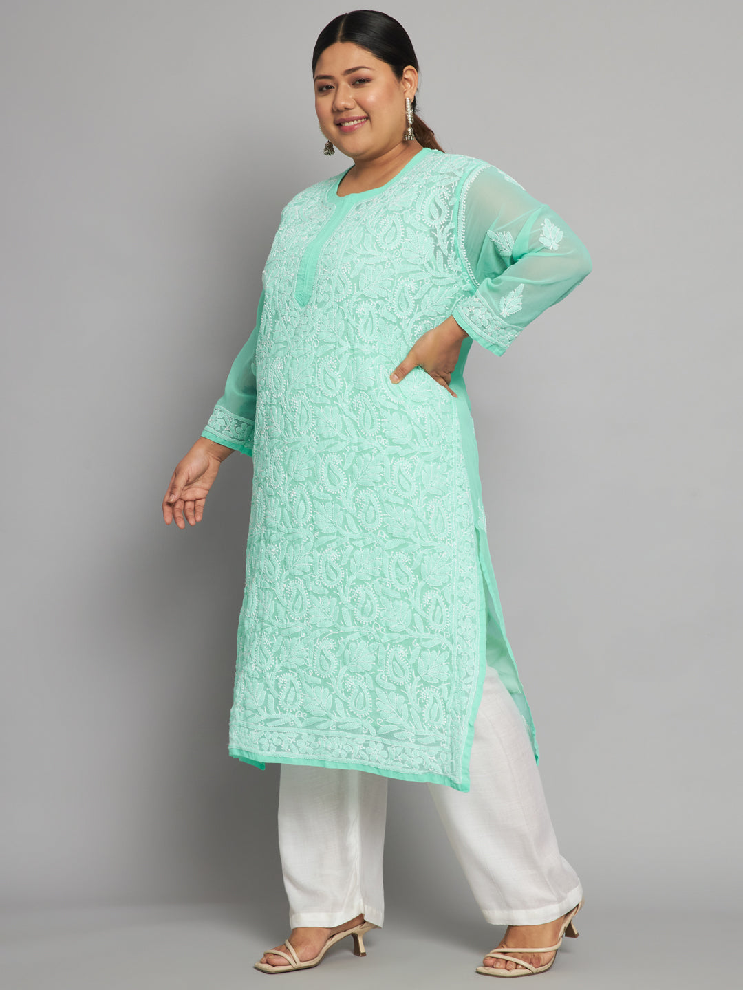 Lucknow Chikankari Hand Embroidered Long Kurta with matching slip, Plus Sizes