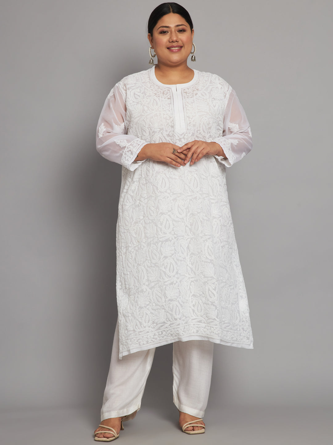 Lucknow Chikankari Hand Embroidered Long Kurta with matching slip, Plus Sizes