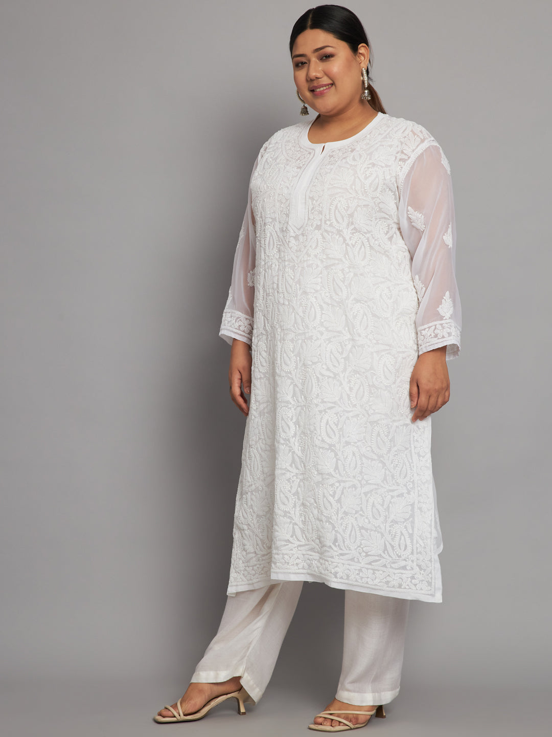 Lucknow Chikankari Hand Embroidered Long Kurta with matching slip, Plus Sizes