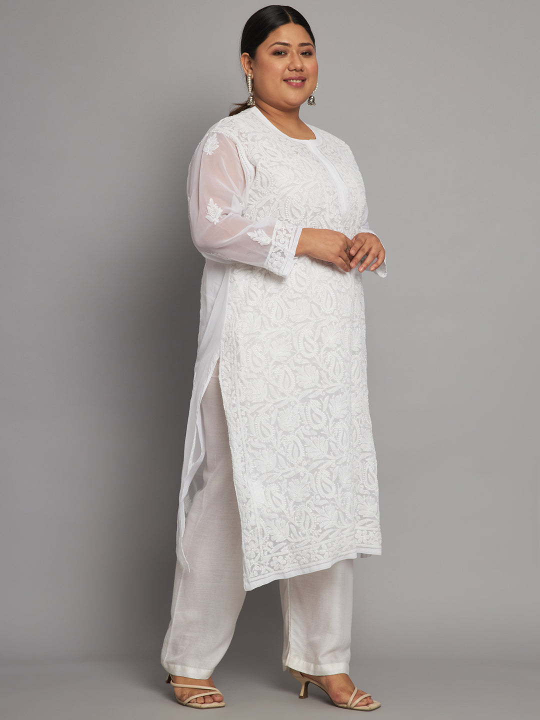 Lucknow Chikankari Hand Embroidered Long Kurta with matching slip, Plus Sizes