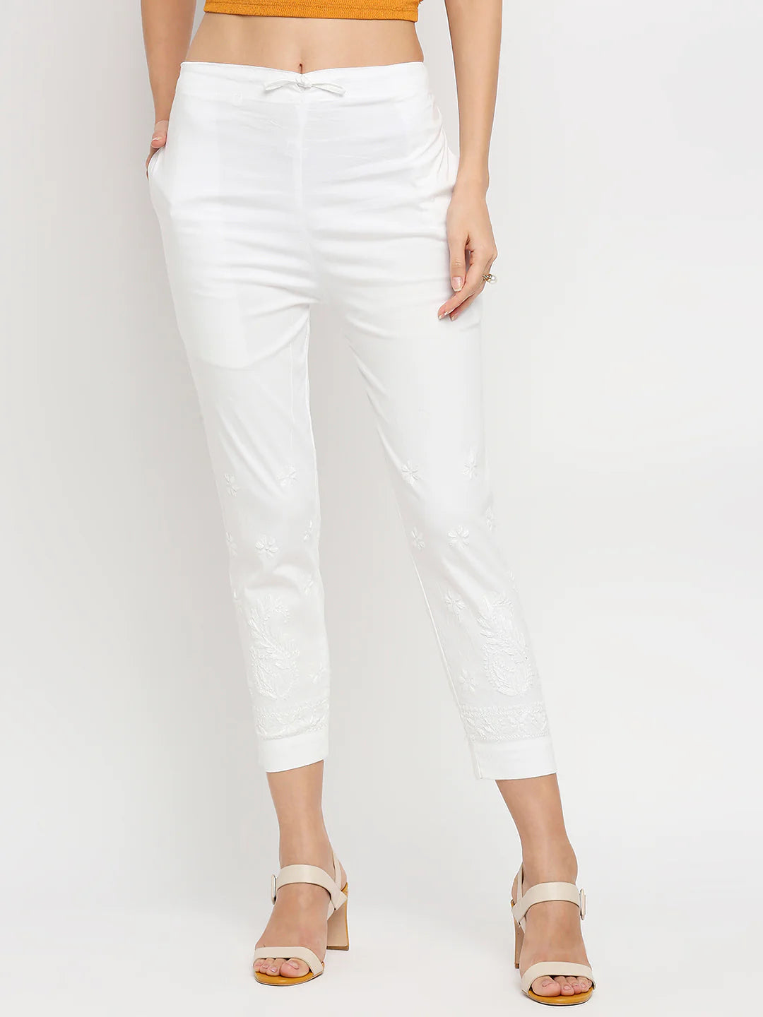 Buy Select Chikankari Women's Regular Fit Cigarette Pant White at Amazon.in