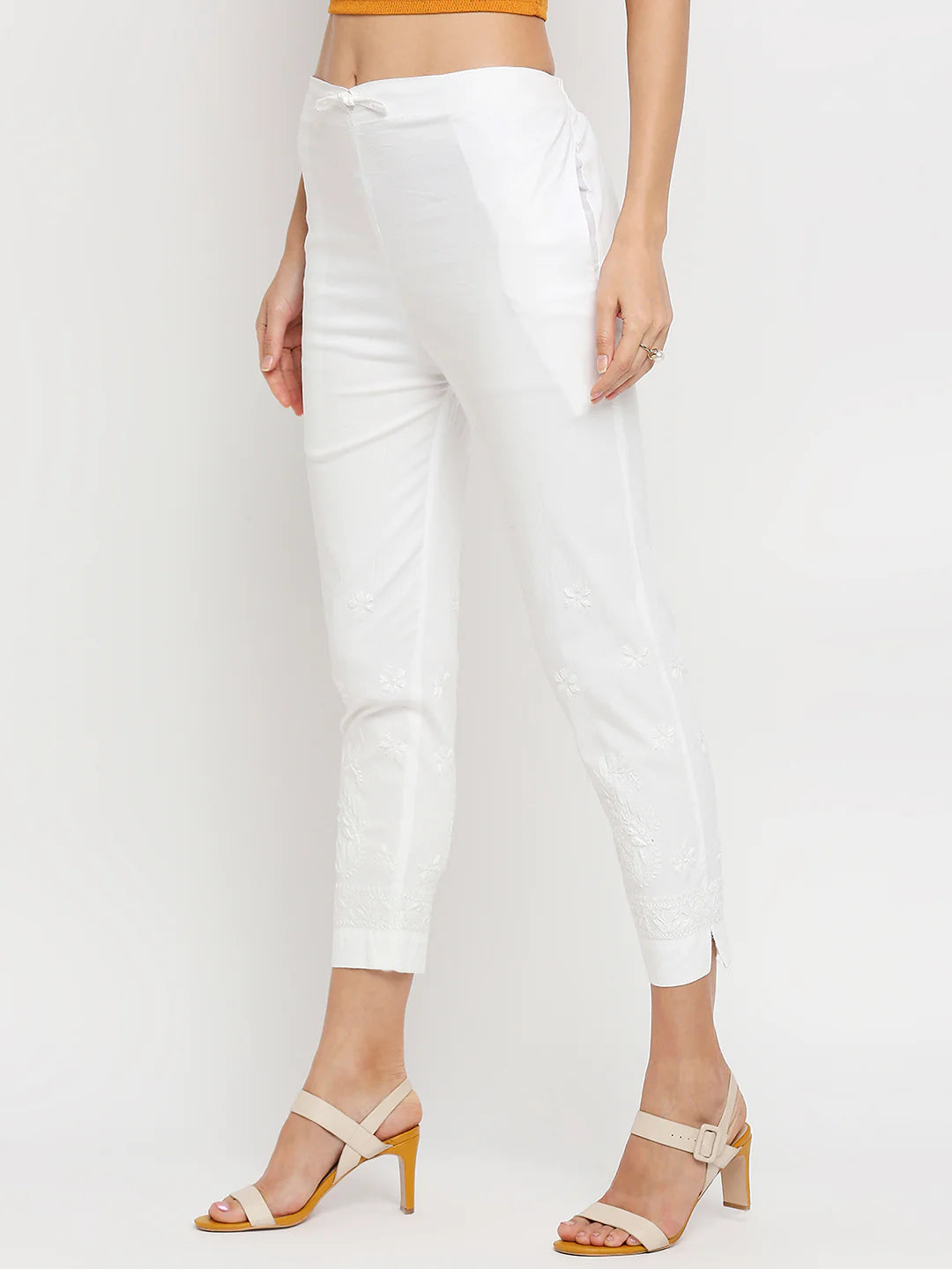 Buy White Handcrafted Cotton Cigarette Pants | White Cigarette Pants for  Women | Farida Gupta