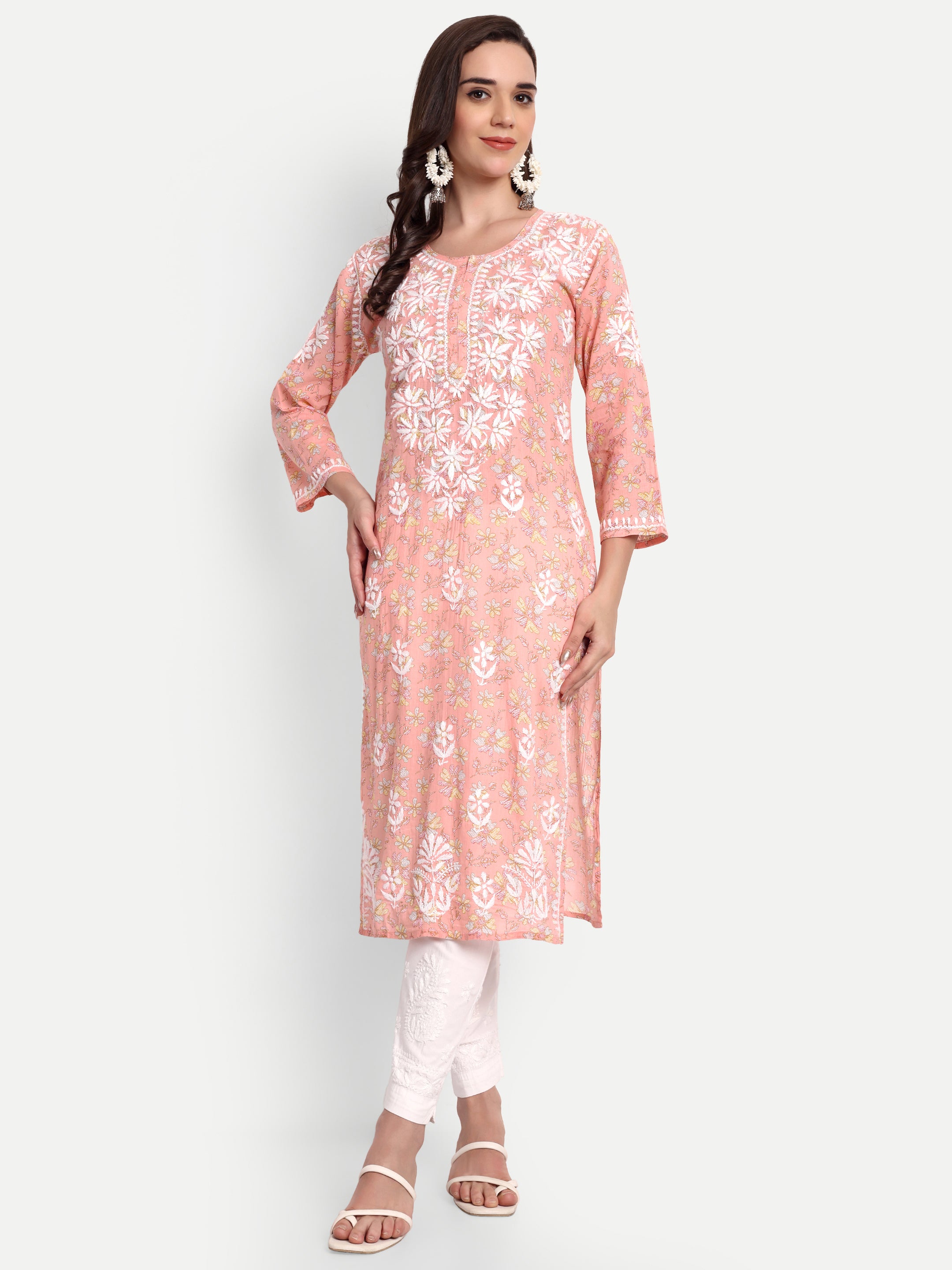 Lucknow Chikankari Hand Embroidered Long Kurta Mulmul Cotton