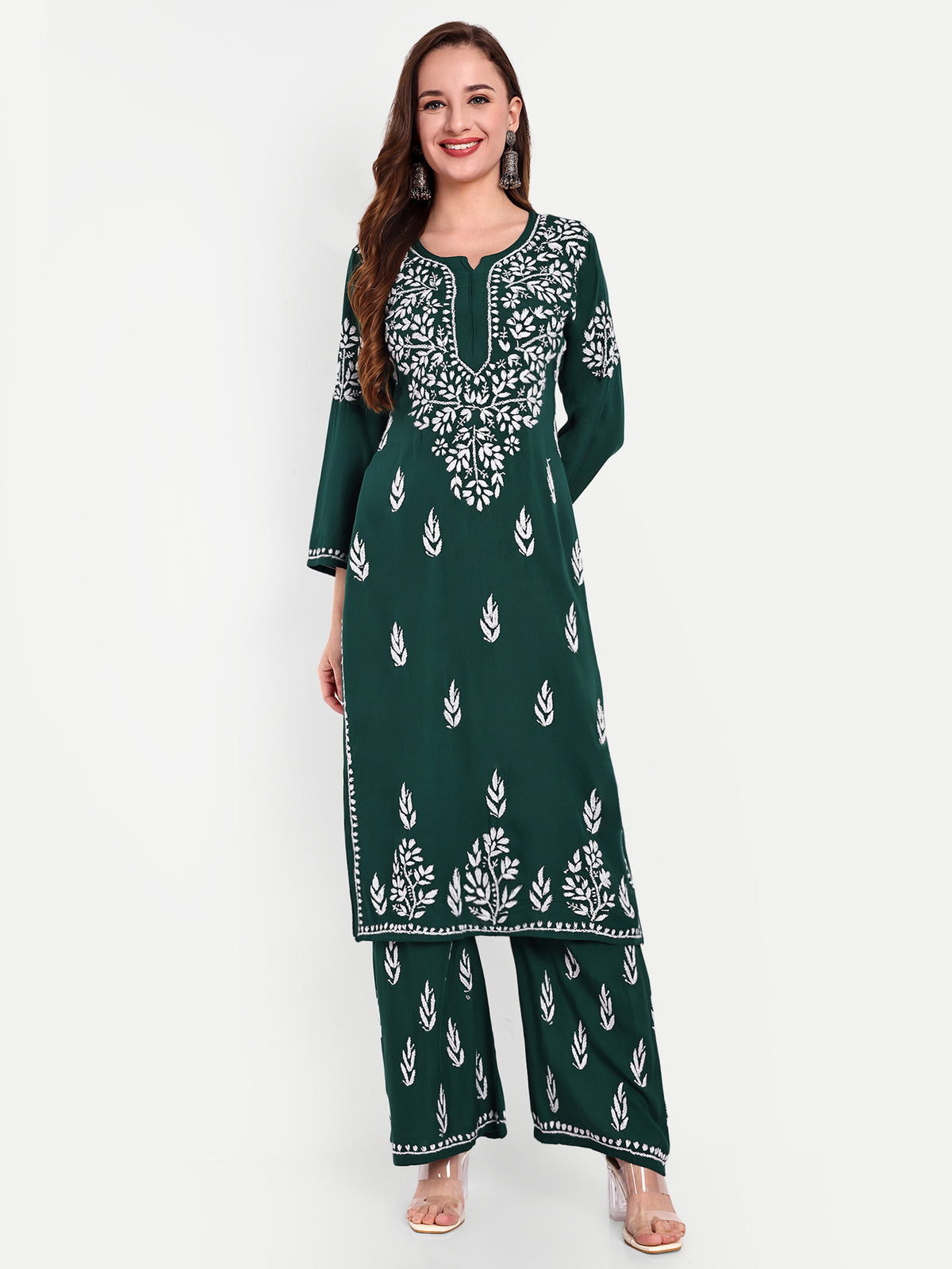 Lucknow Chikankari Hand Embroidered Kurta and Palazzo Set Rayon