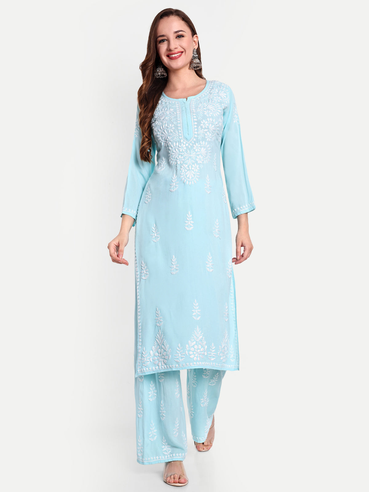 Lucknow Chikankari Hand Embroidered Kurta and Palazzo Set Rayon