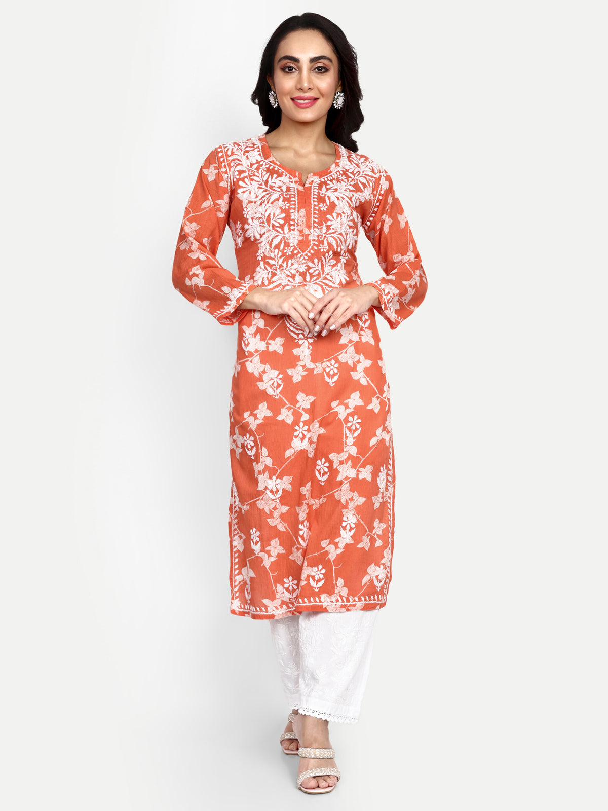 Lucknow Chikankari Hand Embroidered Long Kurta Mulmul