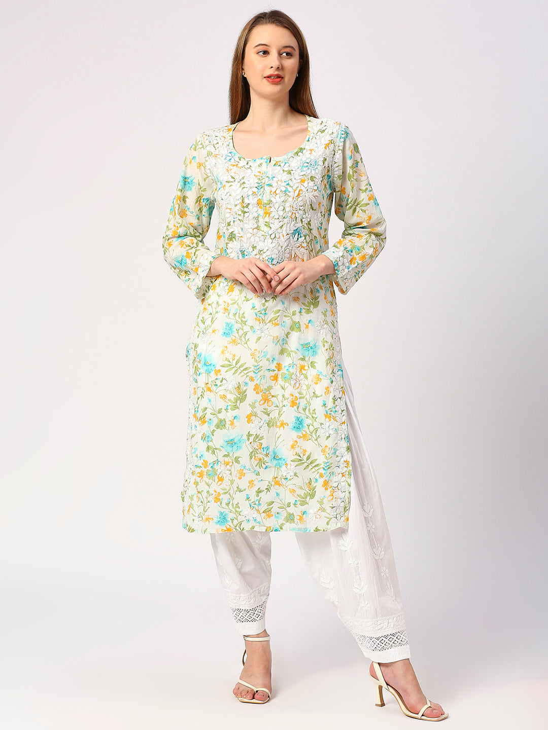 Lucknow Chikankari Hand Embroidered Long Kurta Mulmul