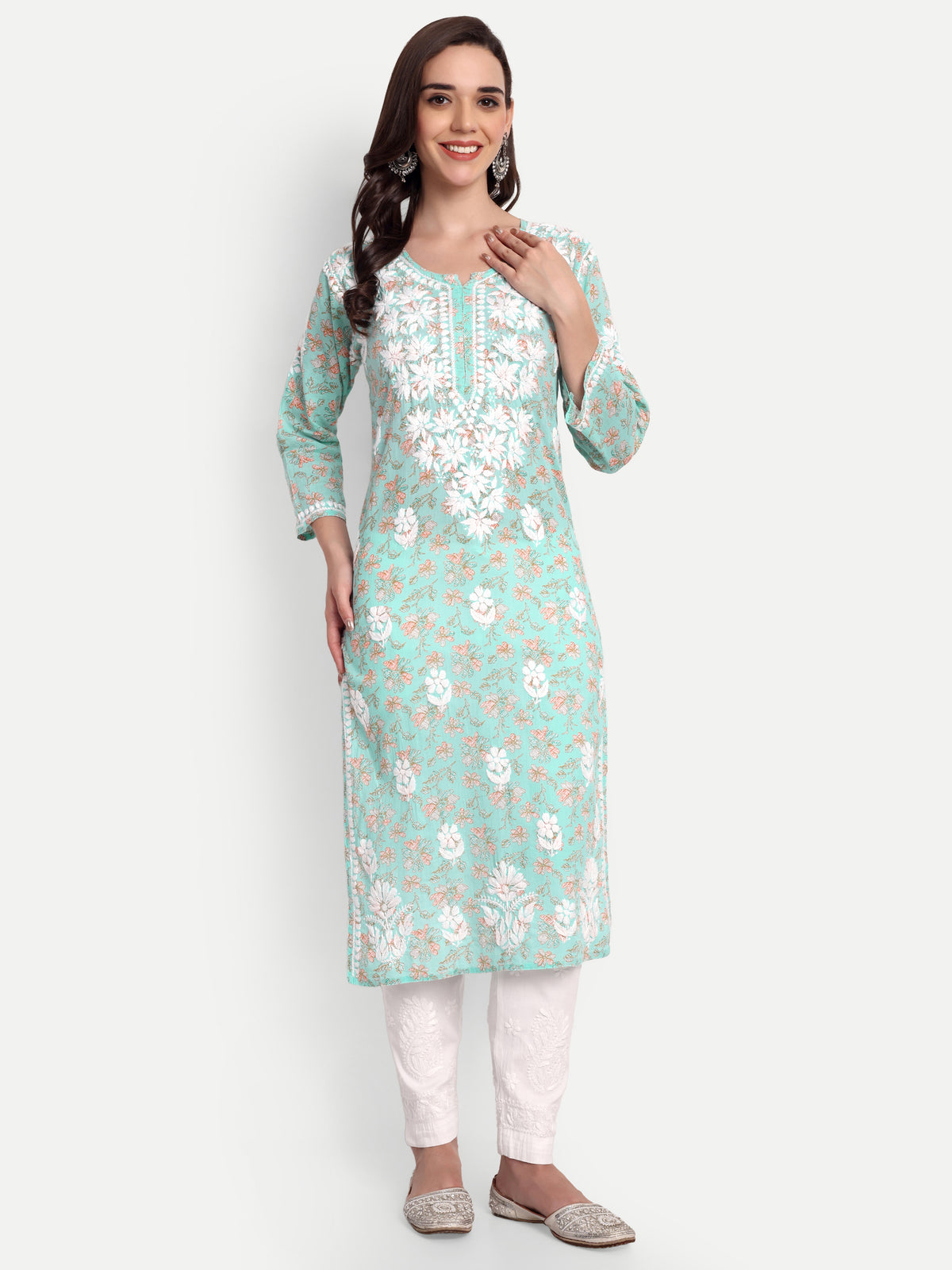 Lucknow Chikankari Hand Embroidered Long Kurta Mulmul Cotton