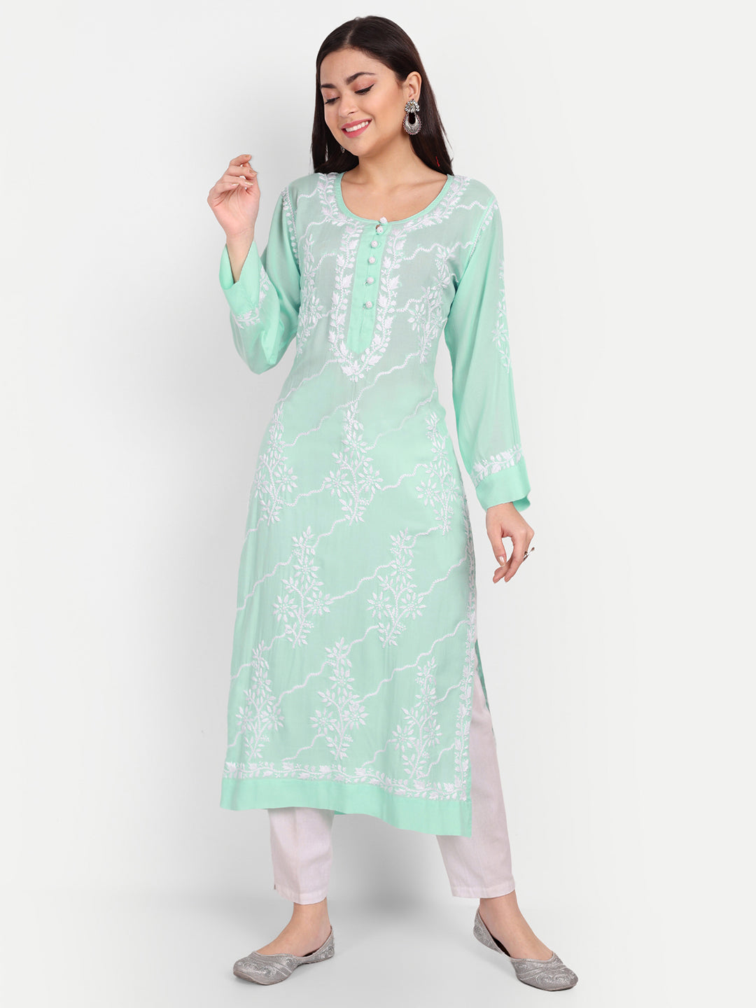 Lucknow Chikankari Hand Embroidered Long kurta  Modal Cotton