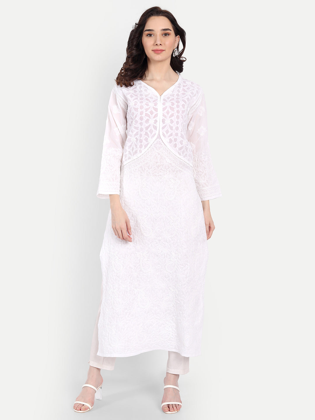 Lucknow Chikankari Hand Embroidered Long Kurta Cotton