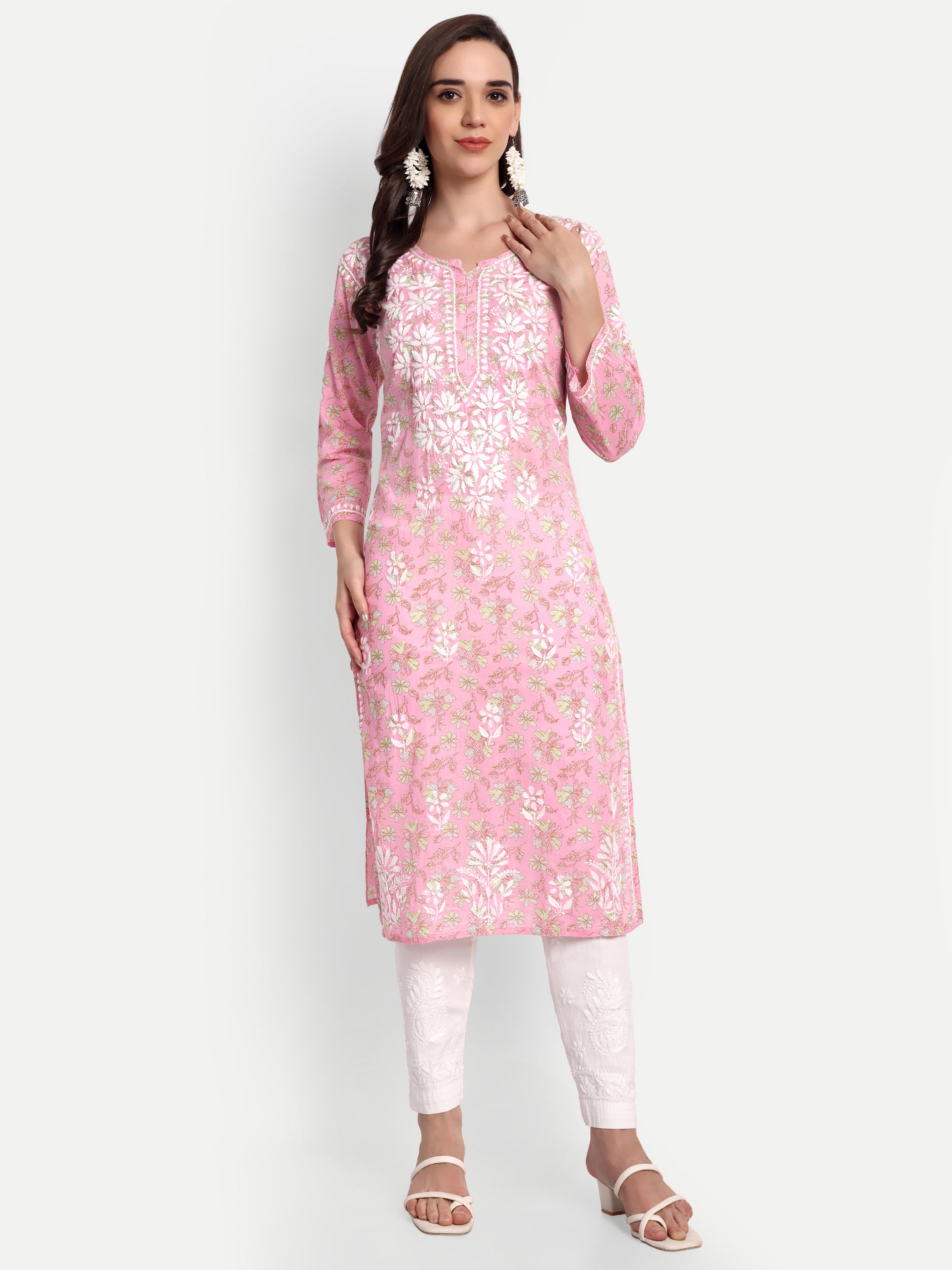 Lucknow Chikankari Hand Embroidered Long Kurta Mulmul Cotton