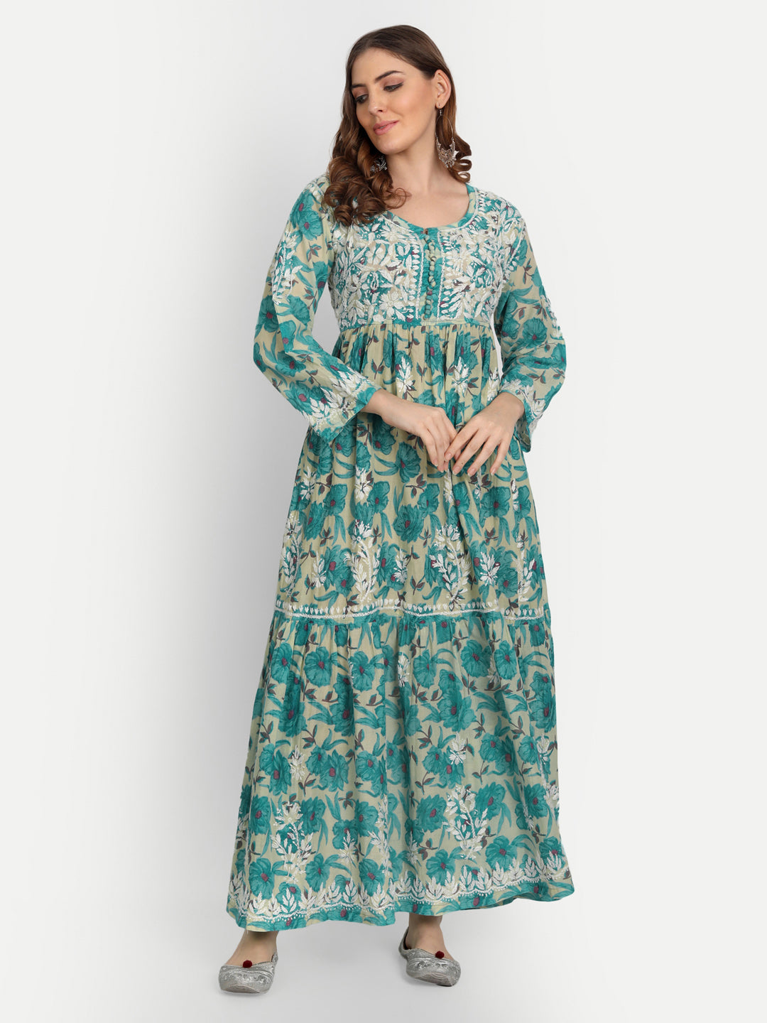 Lucknow Chikankari Hand Embroidered Tiered Long Kurta Gown Mulmul Cotton