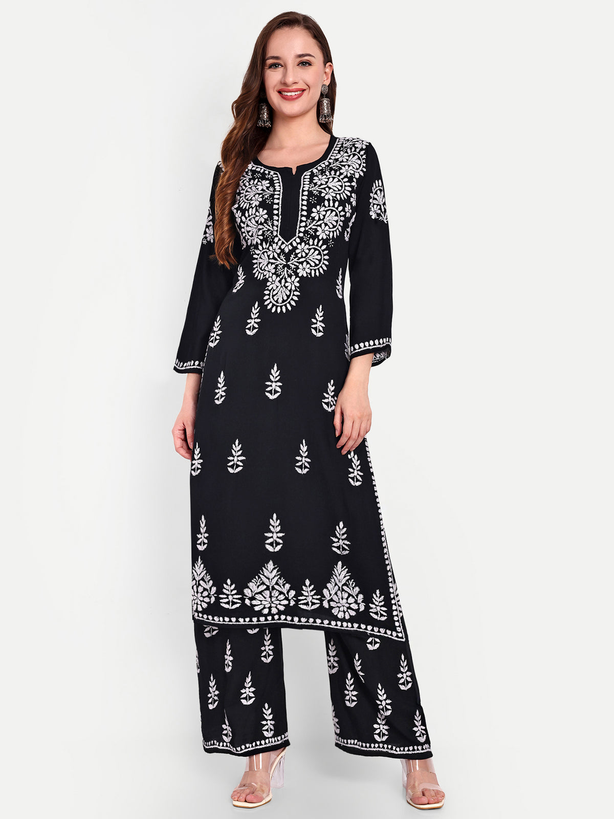 Lucknow Chikankari Hand Embroidered Kurta and Palazzo Set Rayon