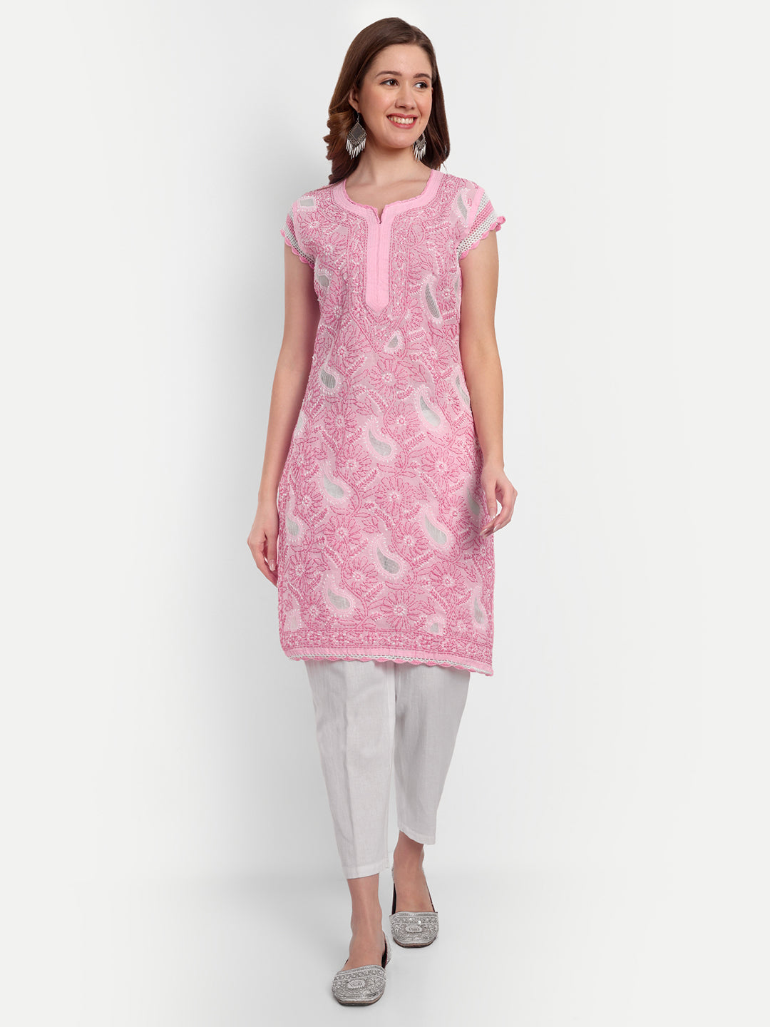 Chikankari Hand Embroidered  Kurta with Crochet Sleeves Cotton