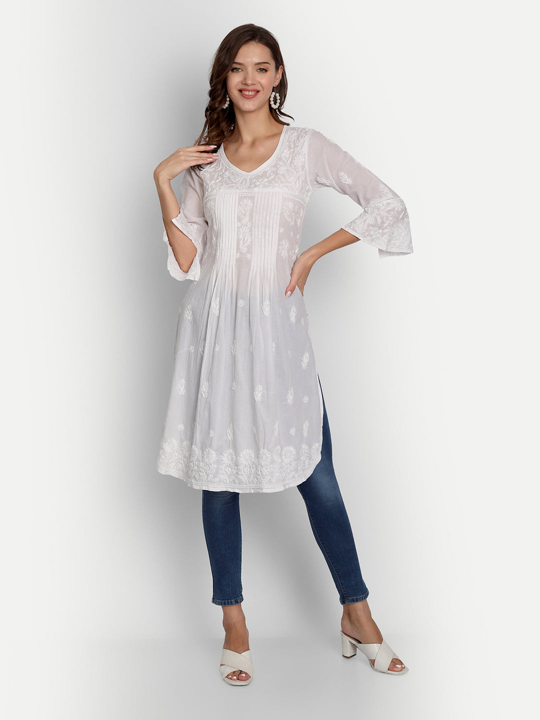 Chikankari Long Hand Embroidered Kurta  Cotton