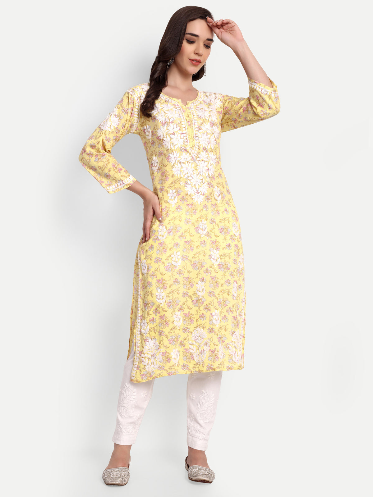 Lucknow Chikankari Hand Embroidered Long Kurta Mulmul Cotton