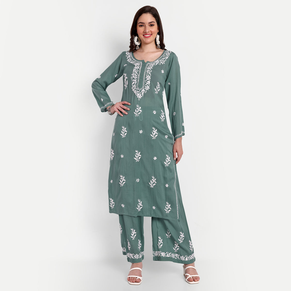 Lucknow Chikankari Hand Embroidered Kurta and Palazzo Set Modal Cotton