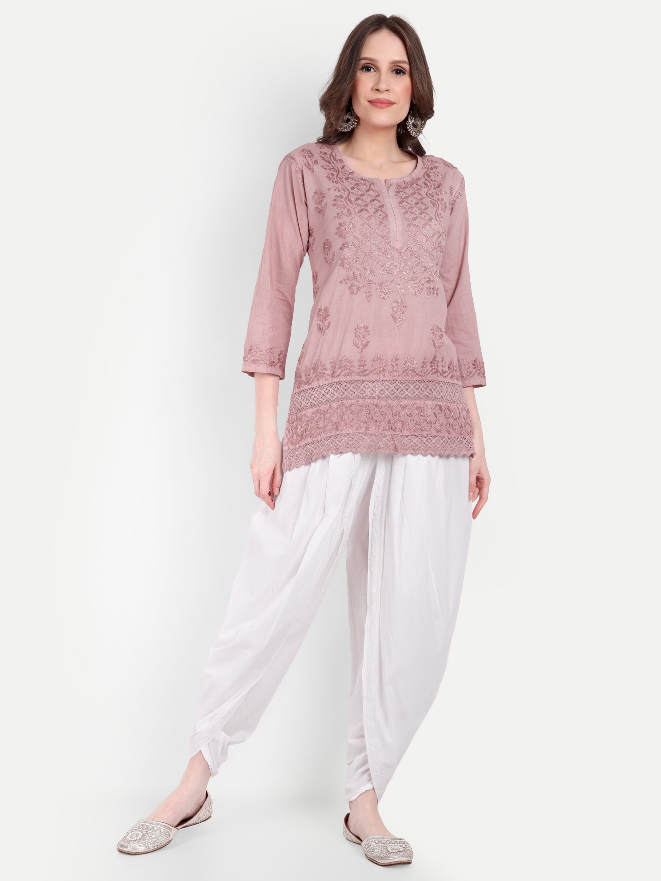 Lucknow Chikankari Hand Embroidered  Short Kurti Top Pure Cotton