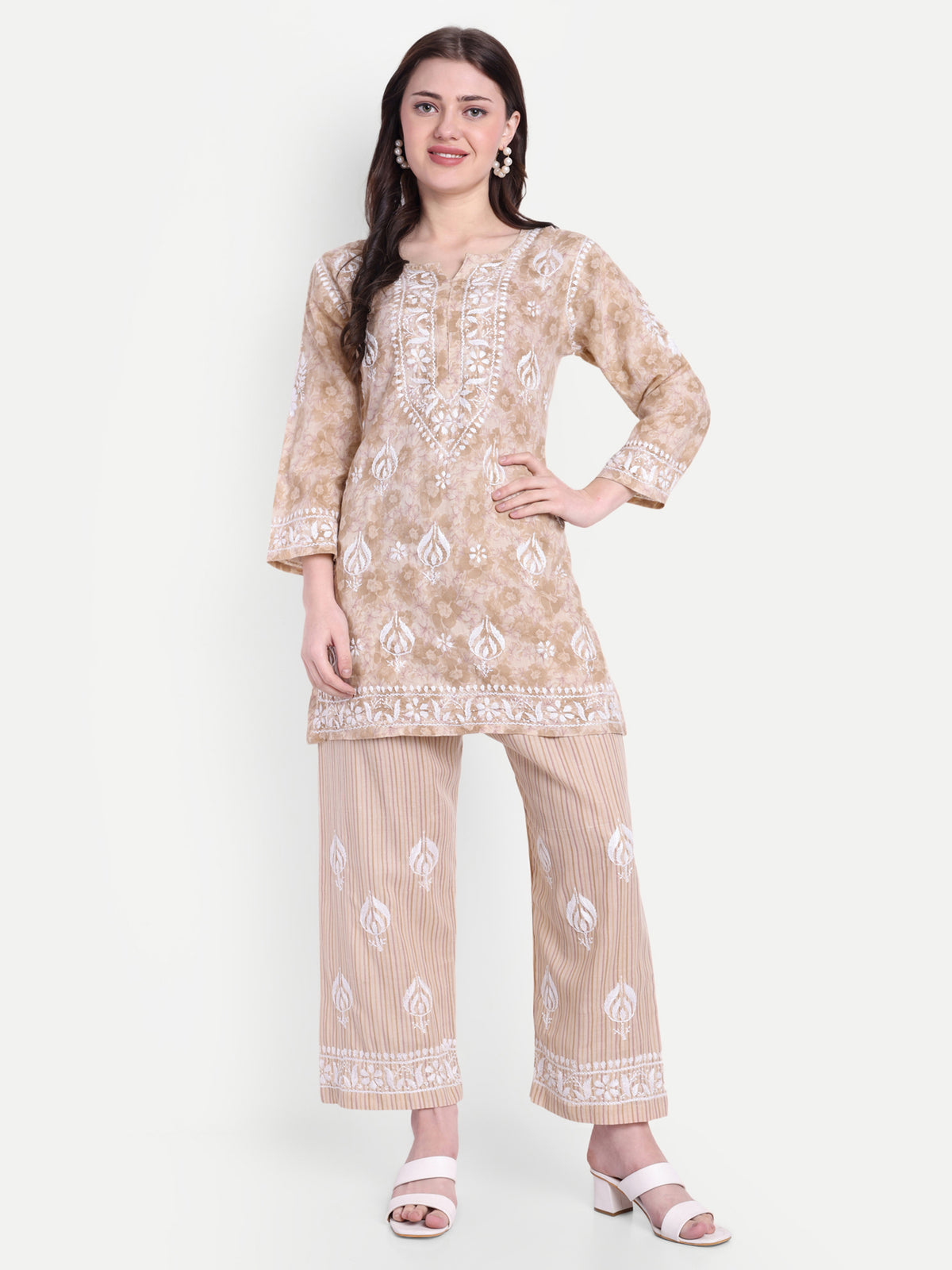 Lucknow Chikankari Hand Embroidered Co-Ord Set Cotton Blend