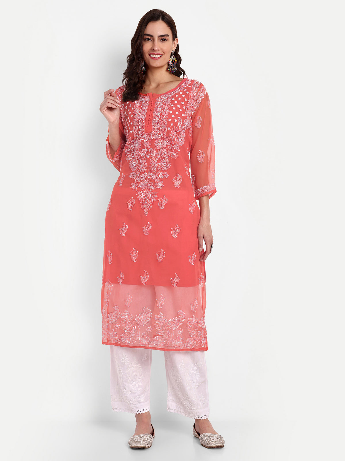 Lucknow Chikankari Hand Embroidered Kurta with Matching Inner, Georgette