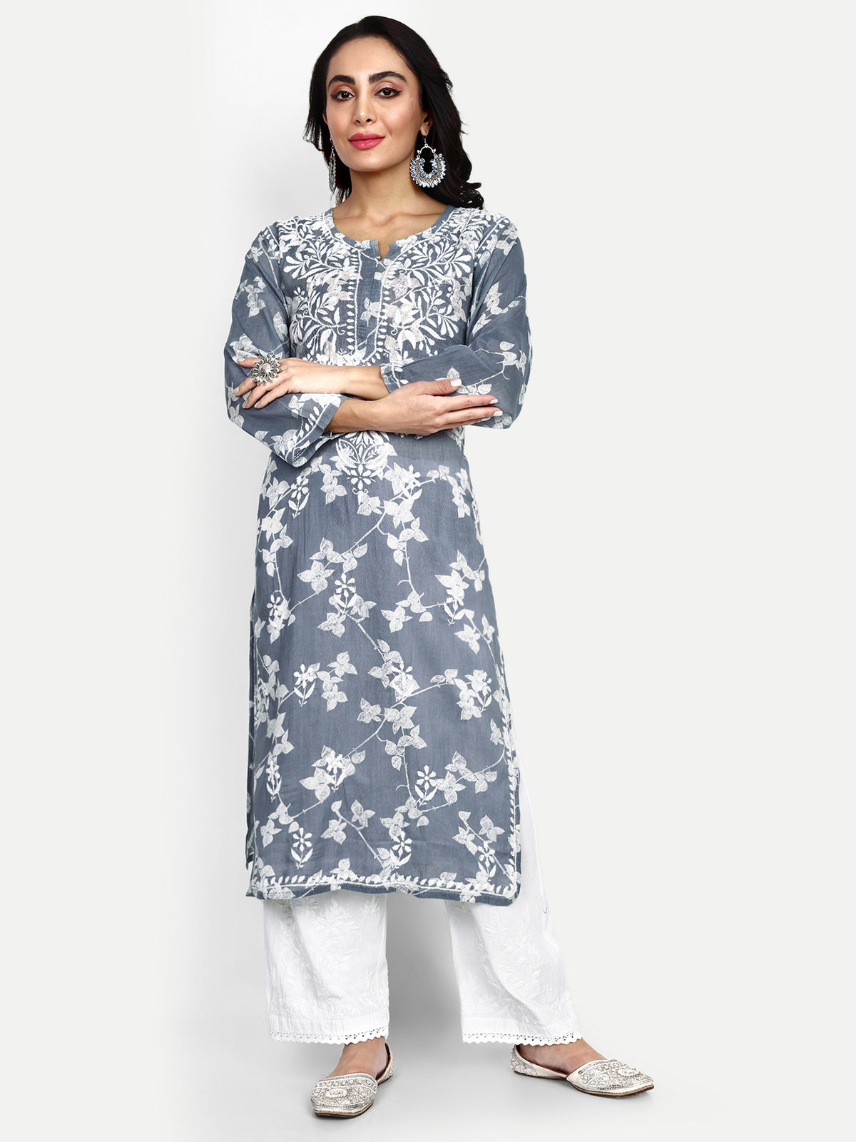 Lucknow Chikankari Hand Embroidered Long Kurta Mulmul