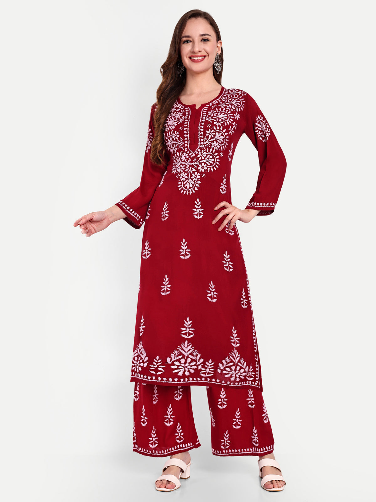 Lucknow Chikankari Hand Embroidered Kurta and Palazzo Set Rayon