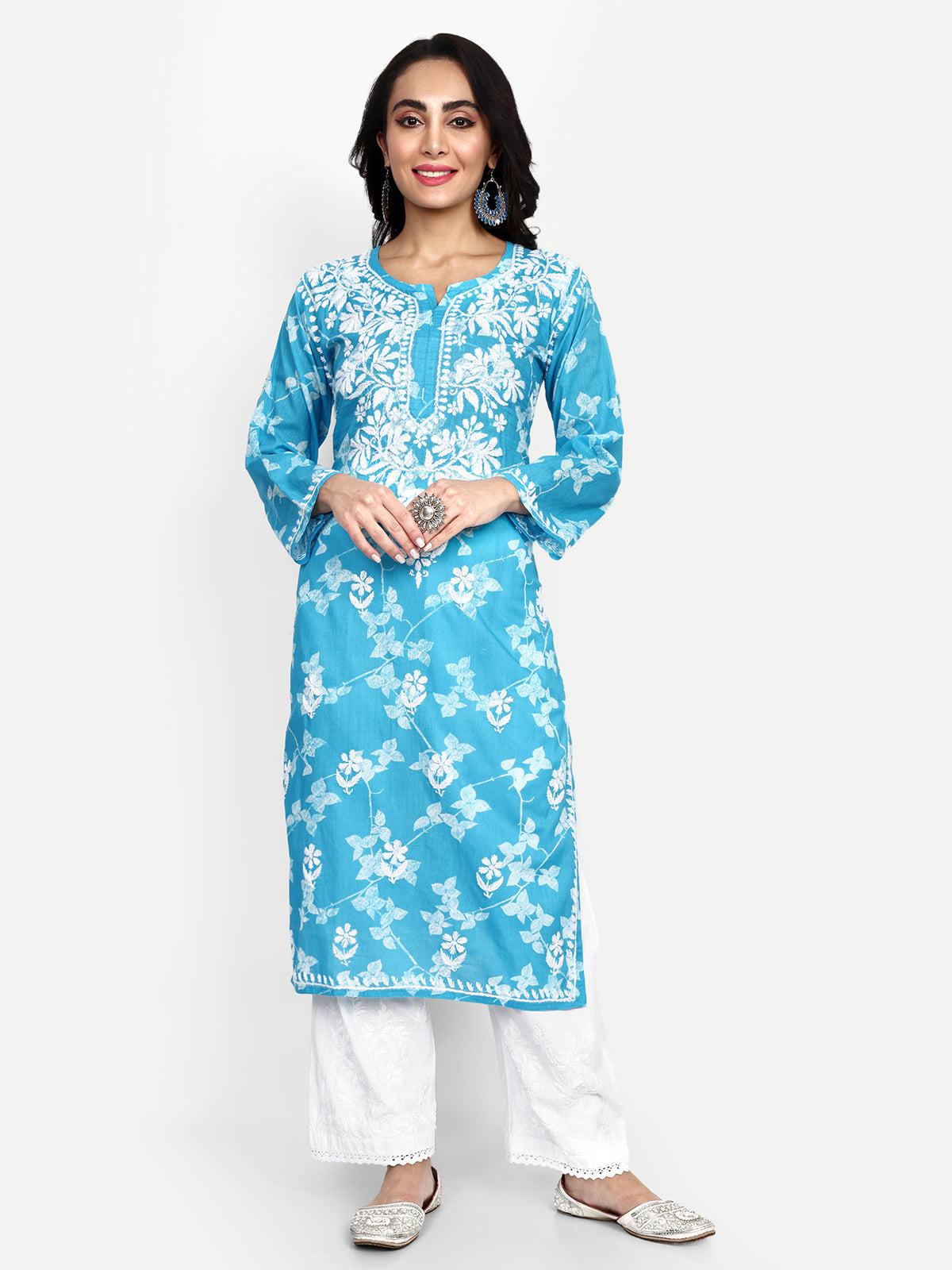 Lucknow Chikankari Hand Embroidered Long Kurta Mulmul