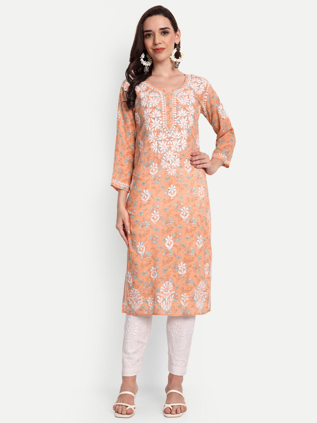 Lucknow Chikankari Hand Embroidered Long Kurta Mulmul Cotton