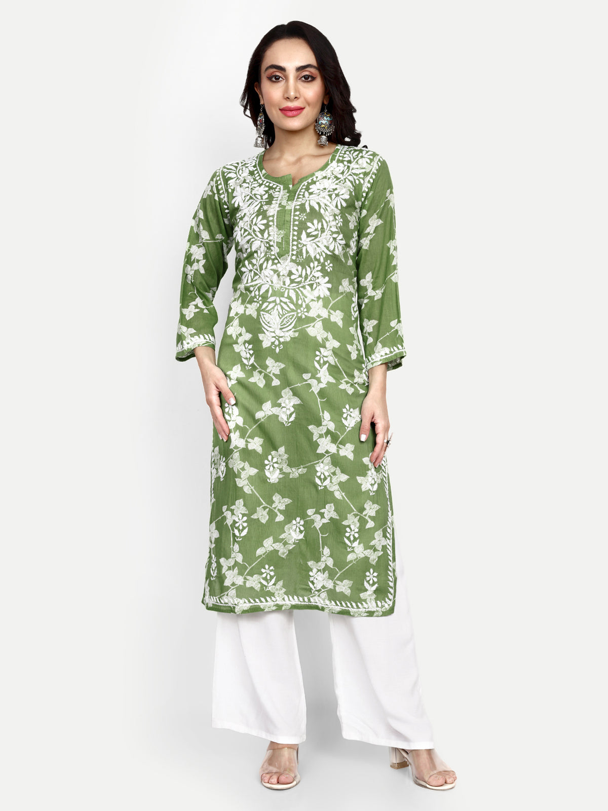 Lucknow Chikankari Hand Embroidered Long Kurta Mulmul