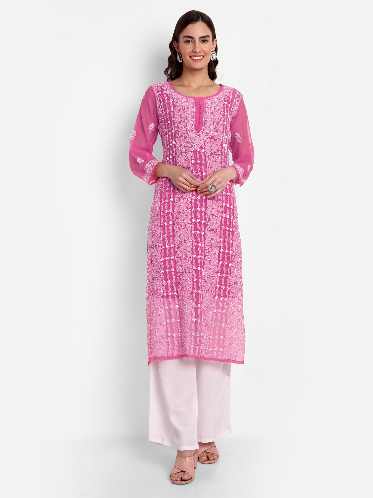 Lucknow Chikankari Hand Embroidered Kurta with Matching Inner, Georgette