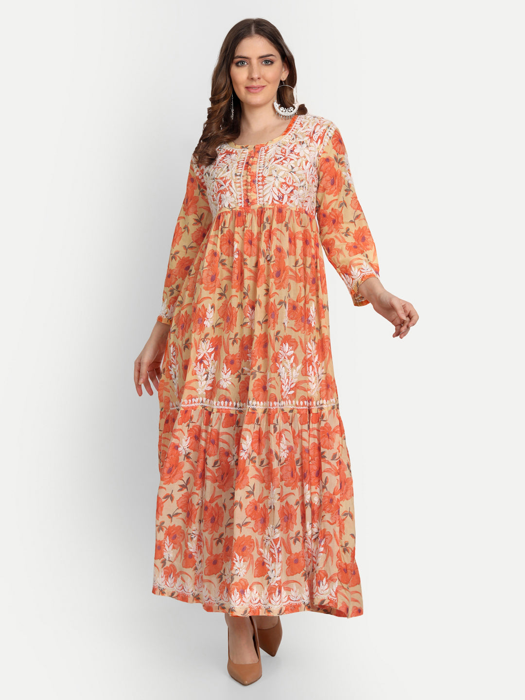 Lucknow Chikankari Hand Embroidered Tiered Long Kurta Gown Mulmul Cotton