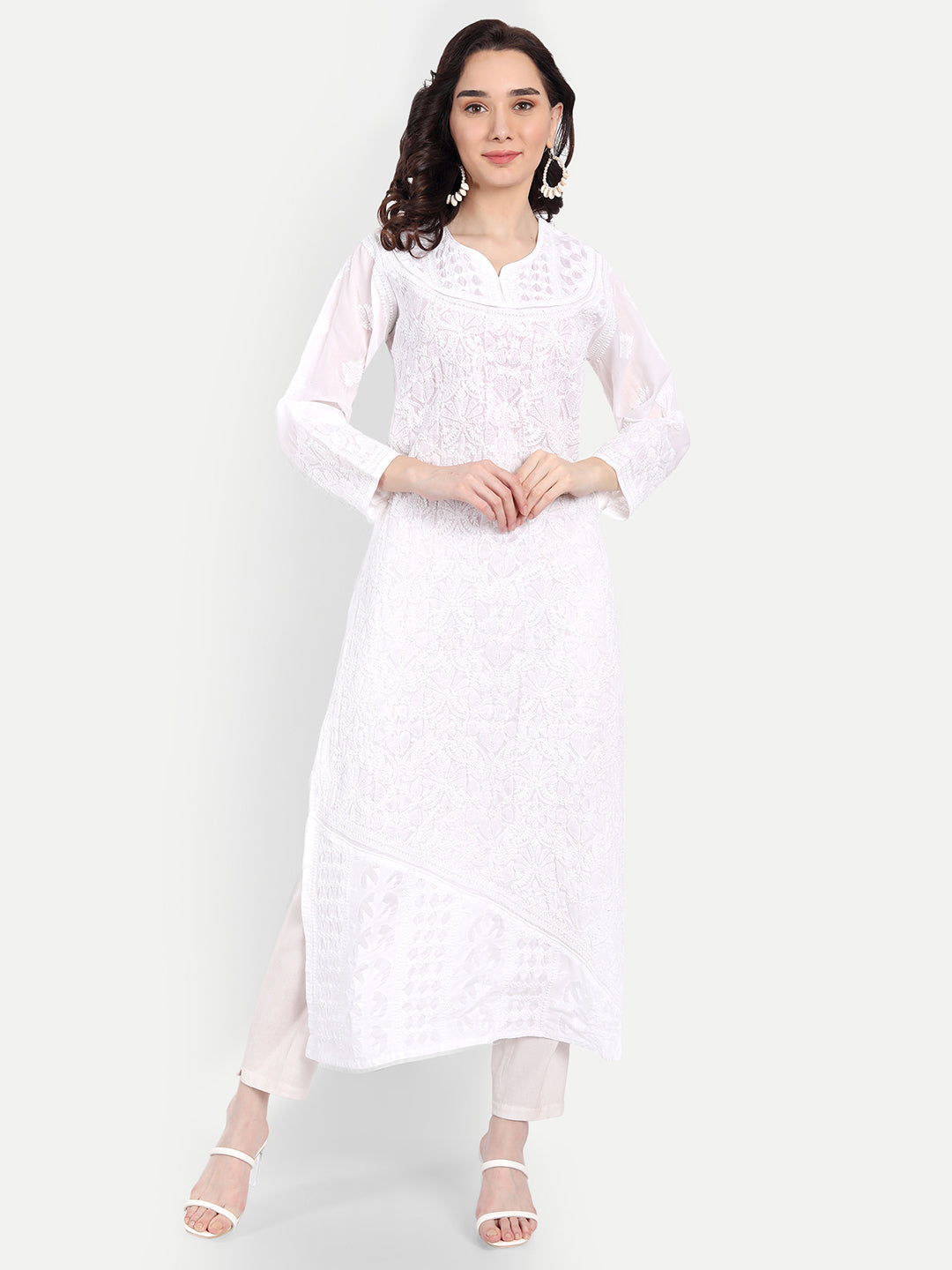 Lucknow Chikankari Hand Embroidered Long Kurta Cotton