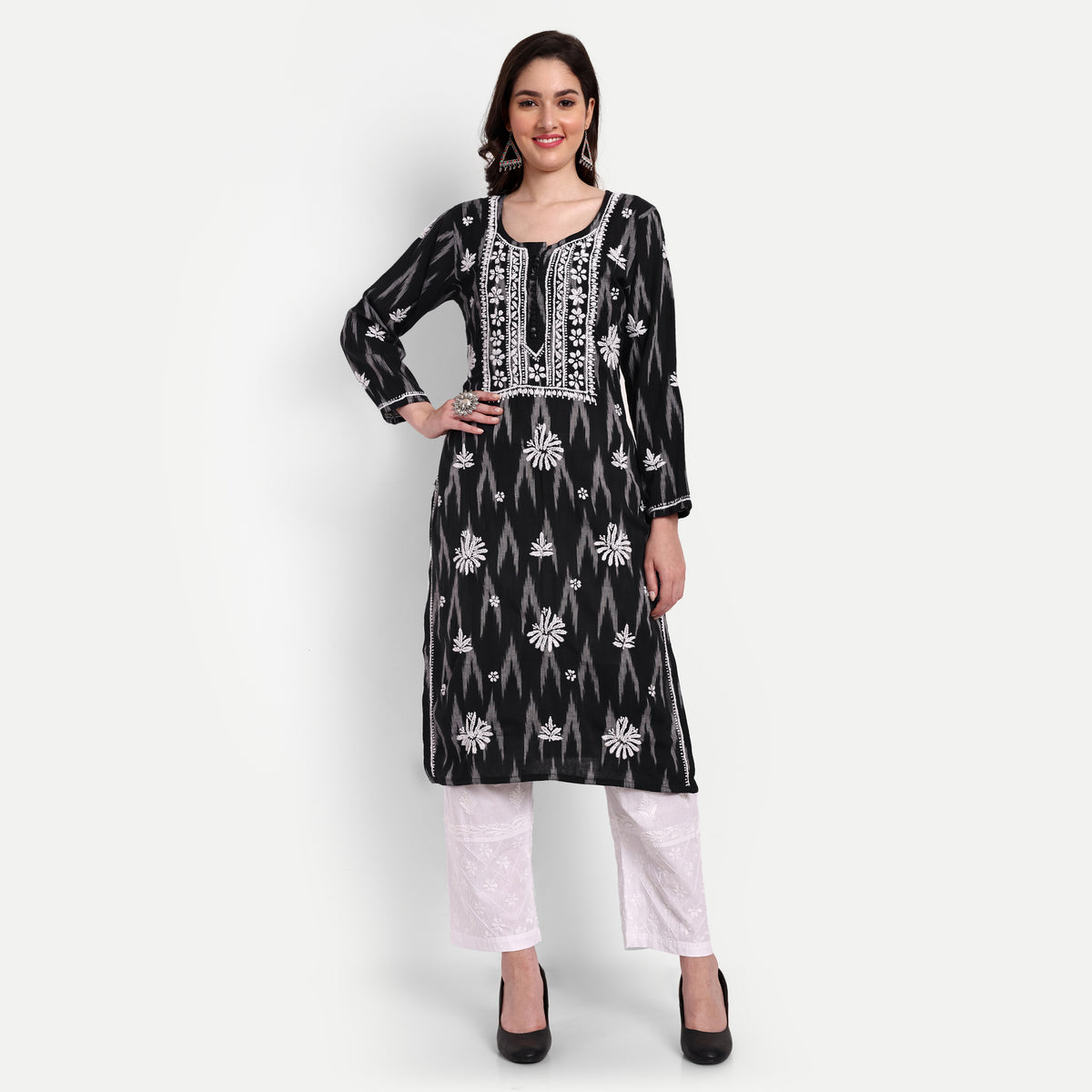 Lucknow Chikankari Hand Embroidered  Kurta  Ikat Cotton