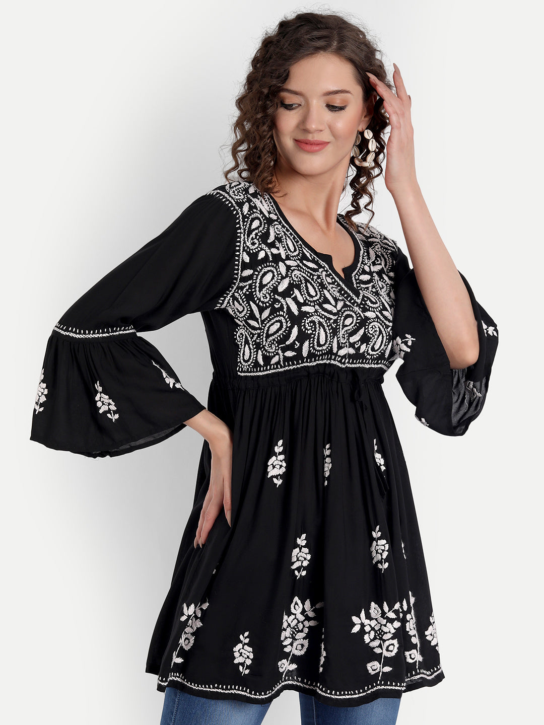 Lucknow Chikankari Hand Embroidered Peplum Fit and Flared Top Short Kurti
