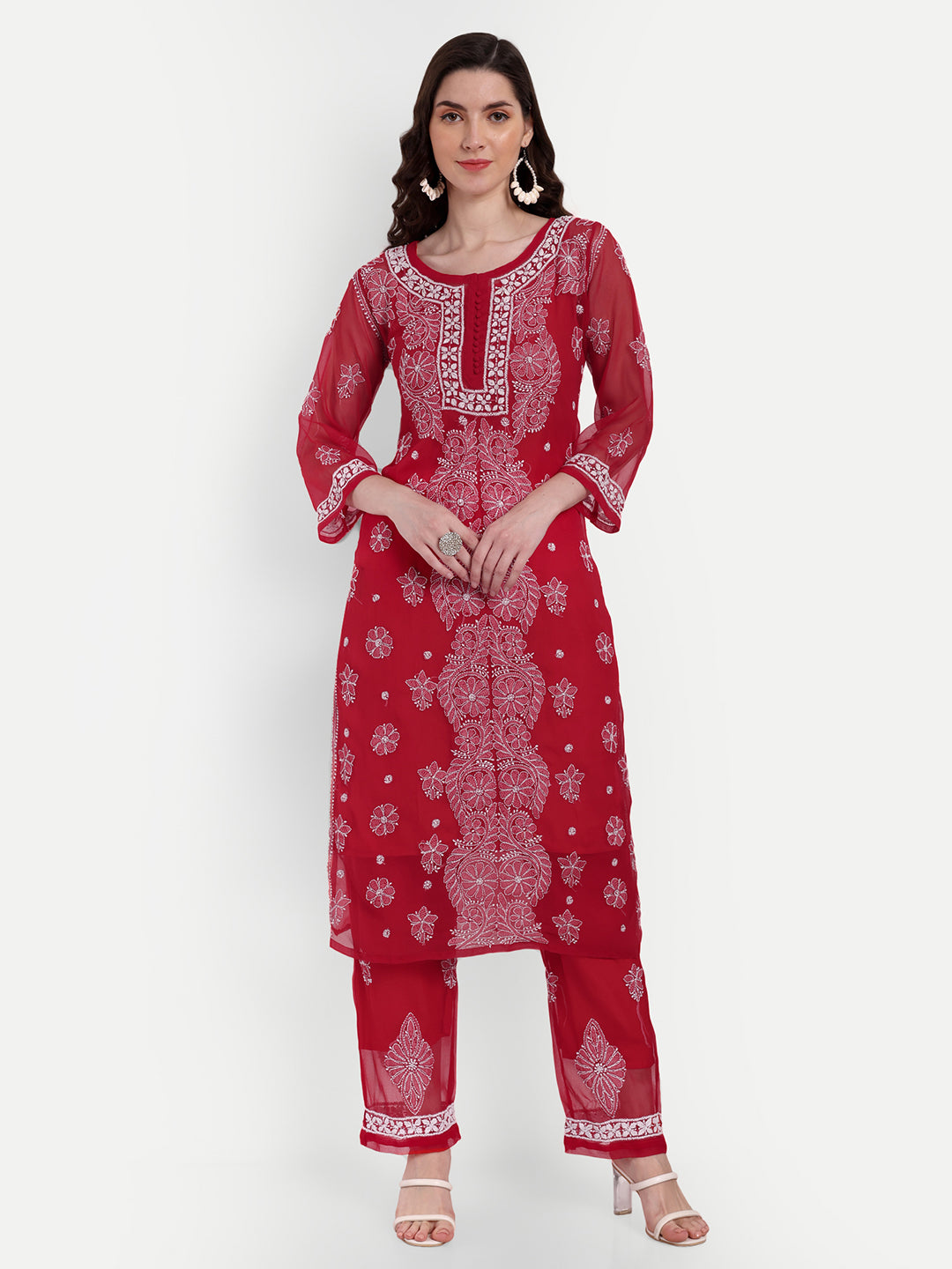 Lucknow Chikankari Hand Embroidered Long Kurta Set and matching slip RED