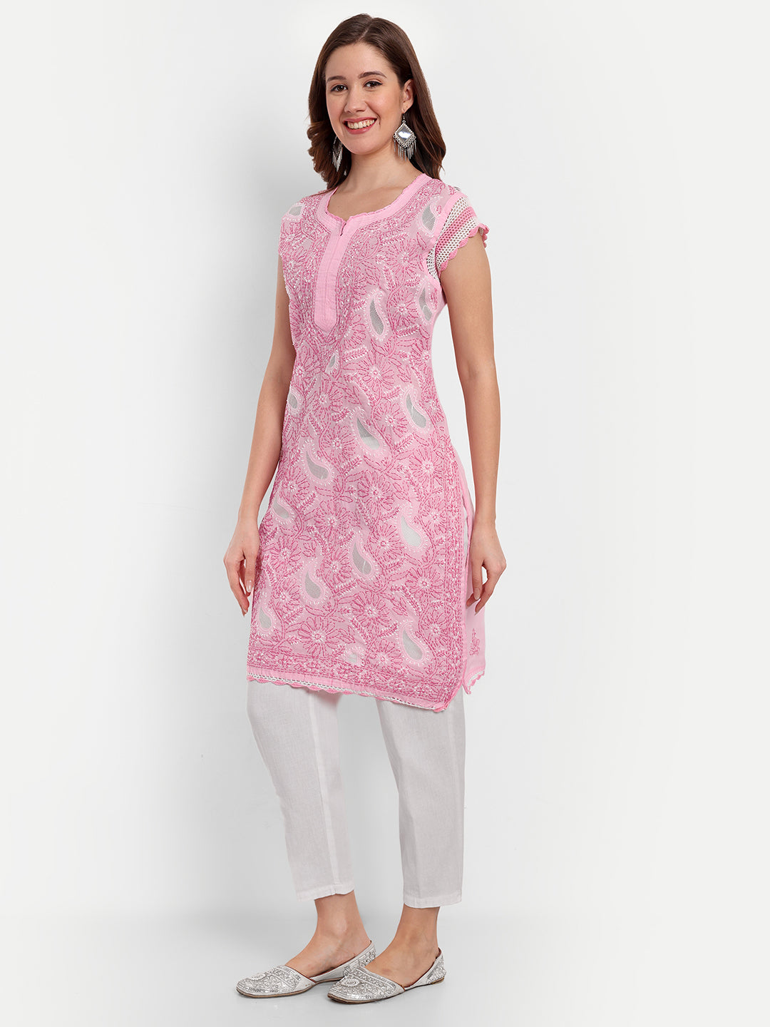 Chikankari Hand Embroidered  Kurta with Crochet Sleeves Cotton