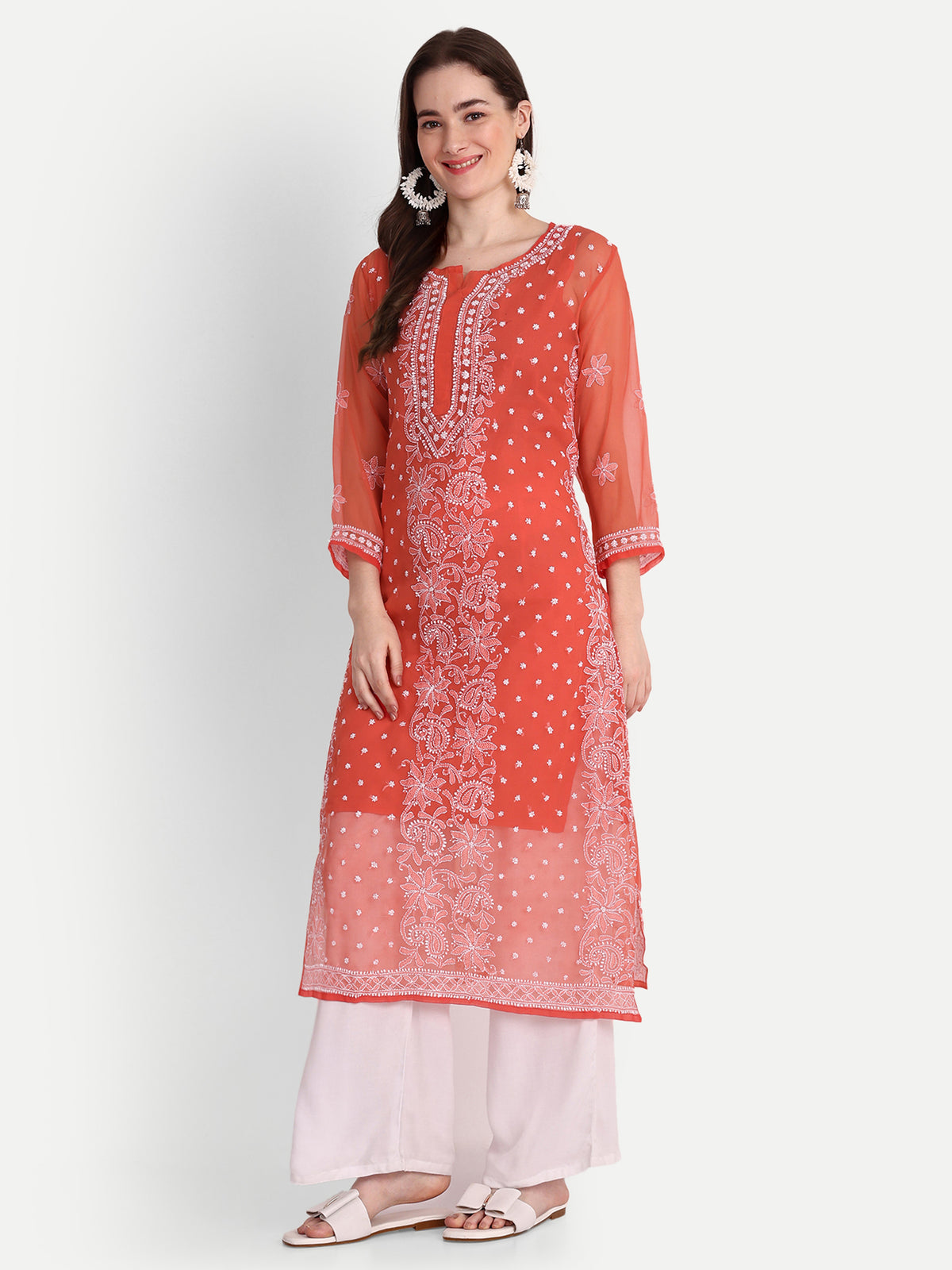 Lucknow Chikankari Hand Embroidered Kurta with Matching Inner, Georgette