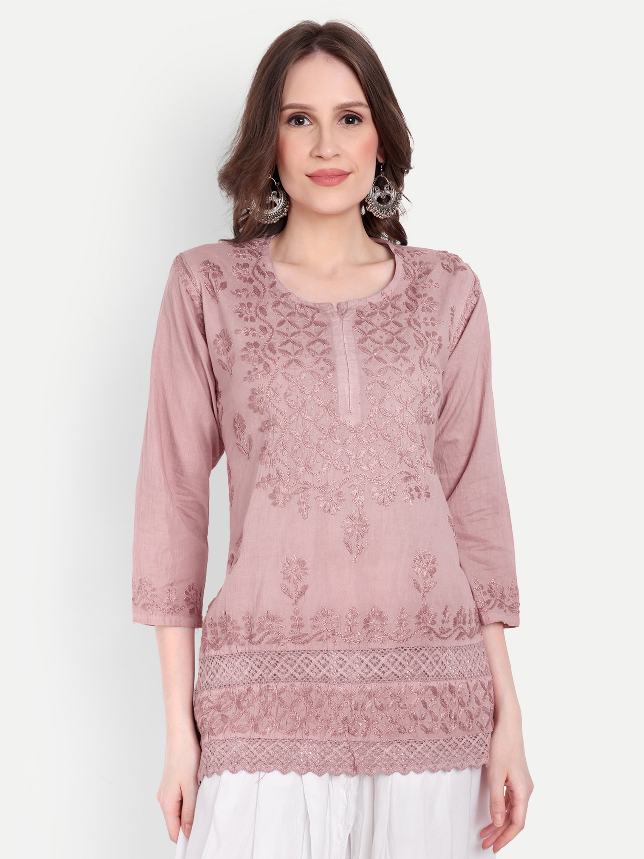 Lucknow Chikankari Hand Embroidered  Short Kurti Top Pure Cotton