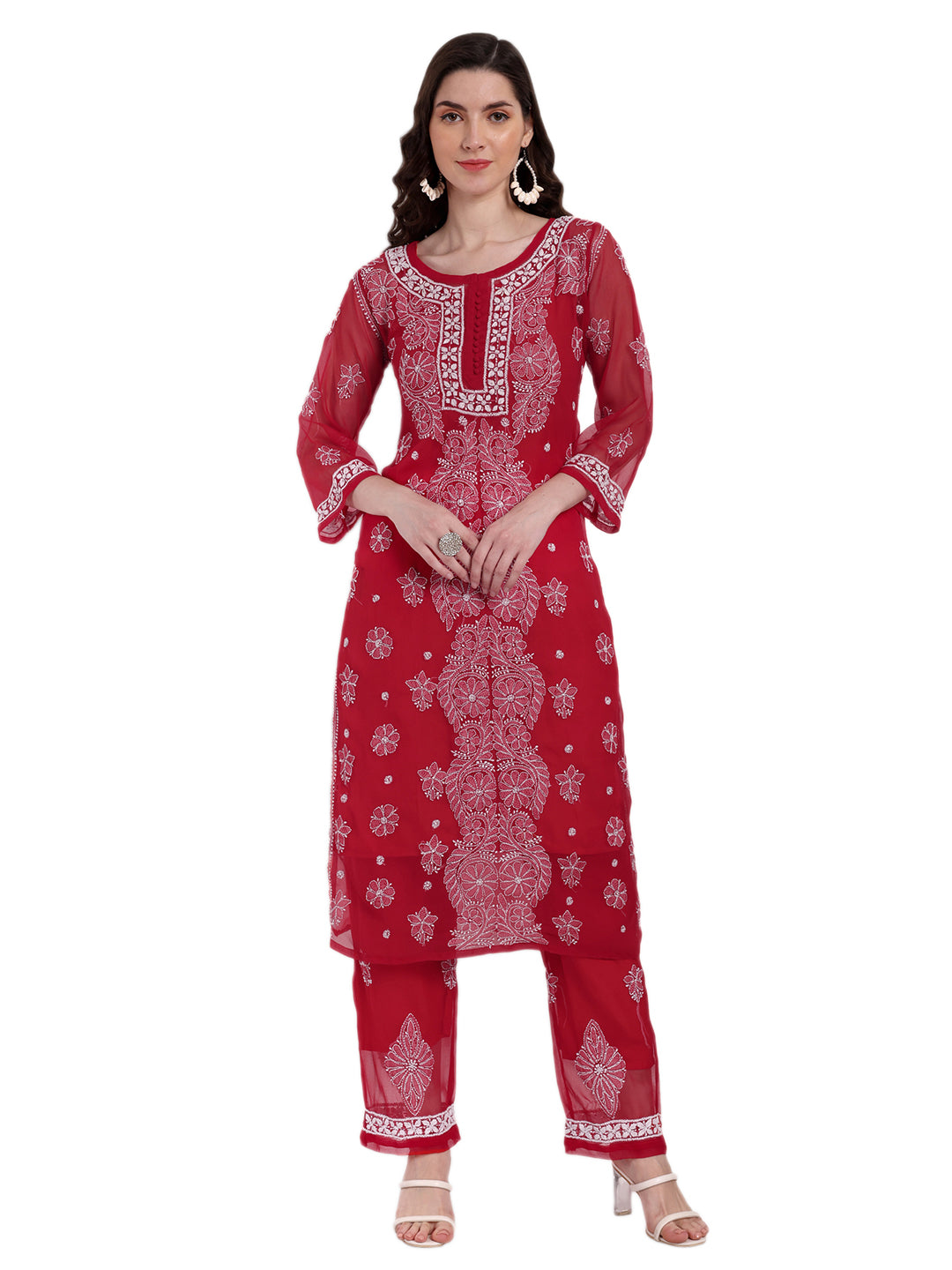 Lucknow Chikankari Hand Embroidered Long Kurta Set and matching slip RED