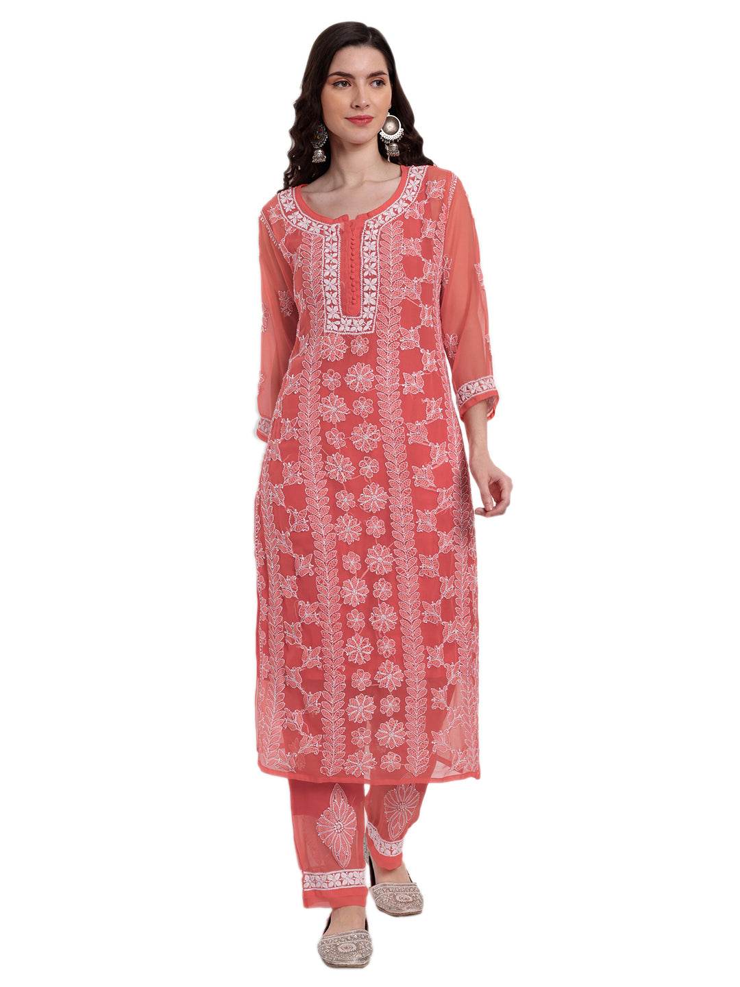 Lucknow Chikankari Hand Embroidered Long Kurta Set and matching slip Ruby Red